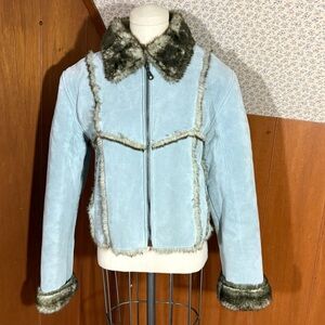 VINTAGE B.Lucid Light Blue Pig Split and Faux Shearling Zip Jacket with Fur Trim